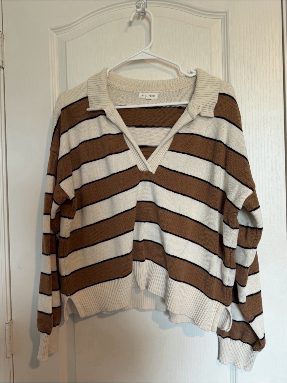 Blu pepper Cream and Brown Striped V-Neck Sweater